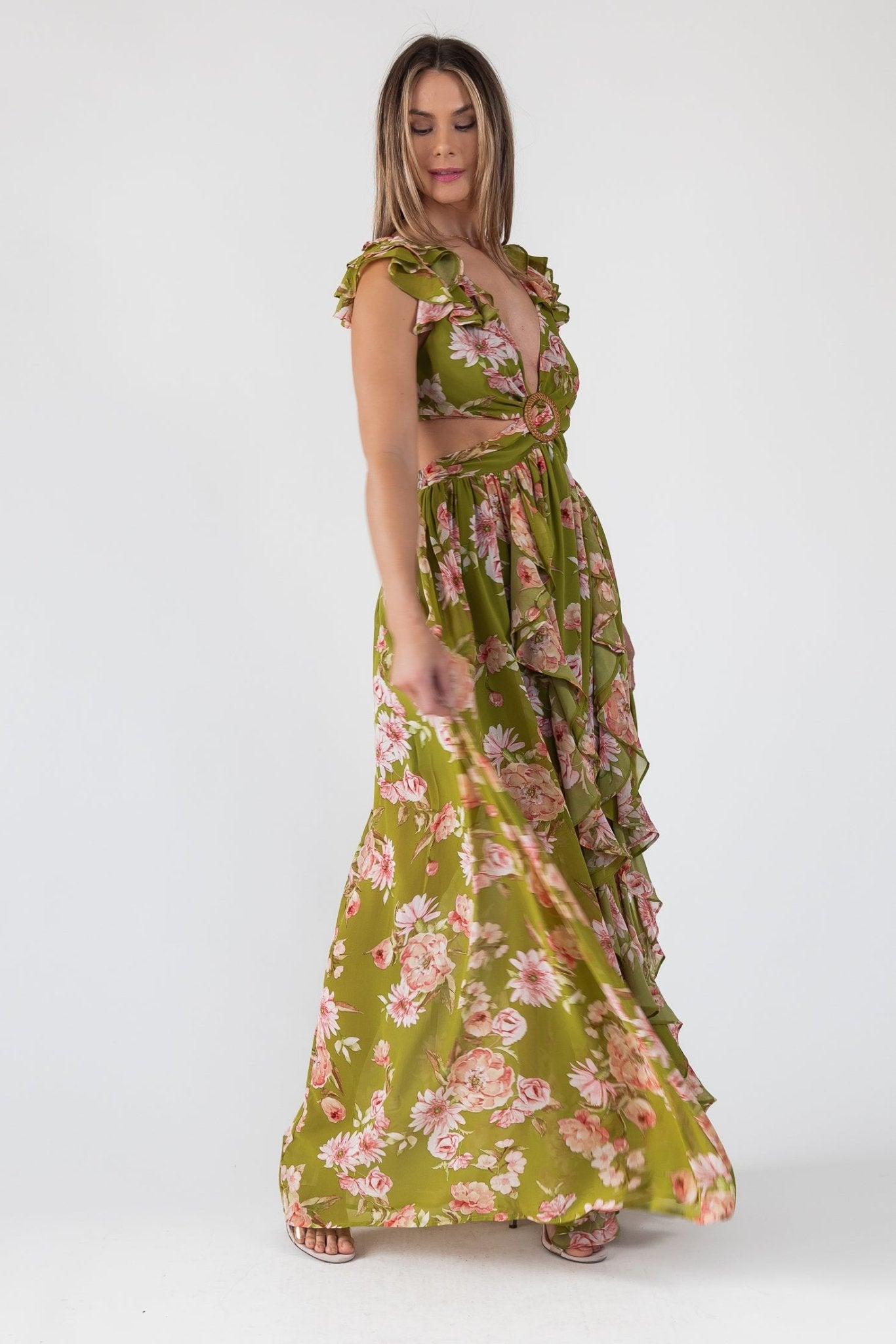 Cutout Frilly Maxi Dress - Green Floral JO+CO Cutout Frilly Maxi Dress - Green Floral JO+CO