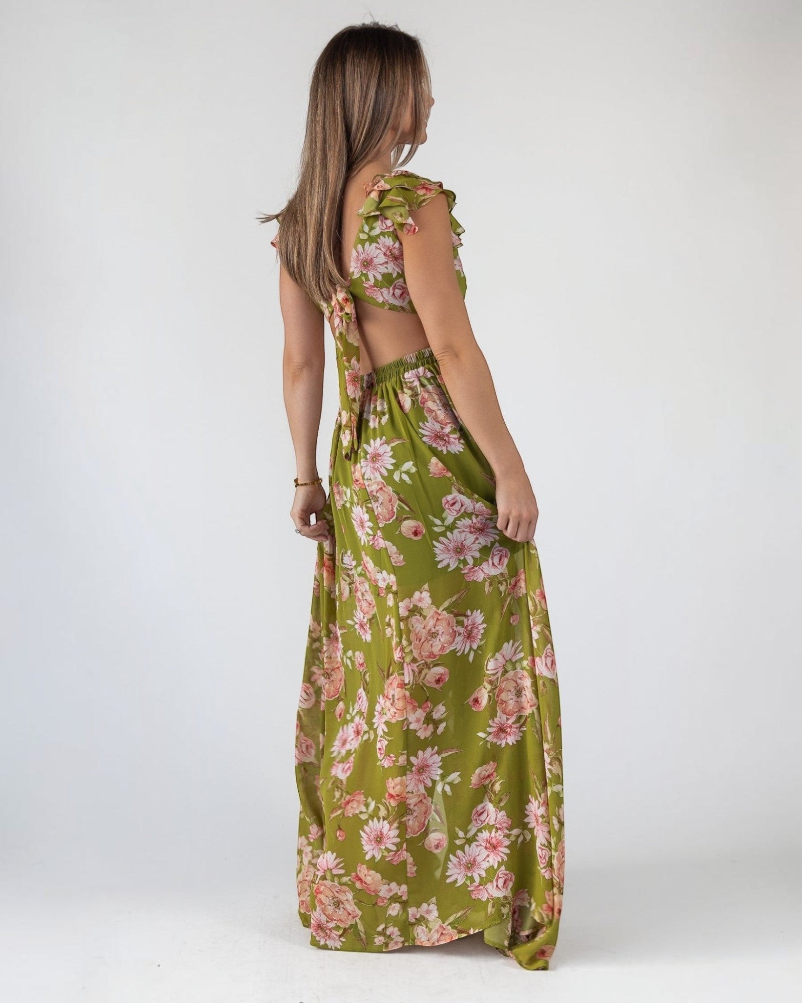 Cutout Frilly Maxi Dress - Green Floral JO+CO Cutout Frilly Maxi Dress - Green Floral JO+CO