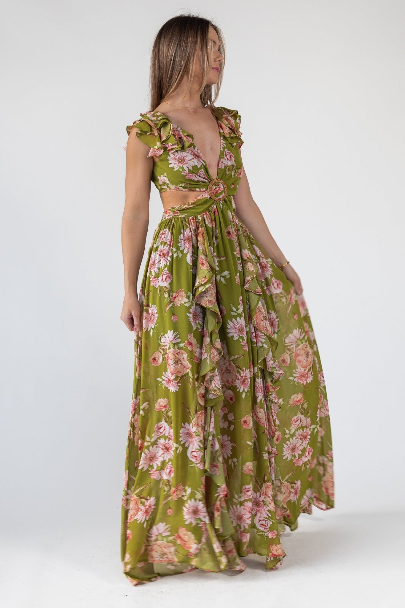 Cutout Frilly Maxi Dress - Green Floral Cutout Frilly Maxi Dress - Green Floral