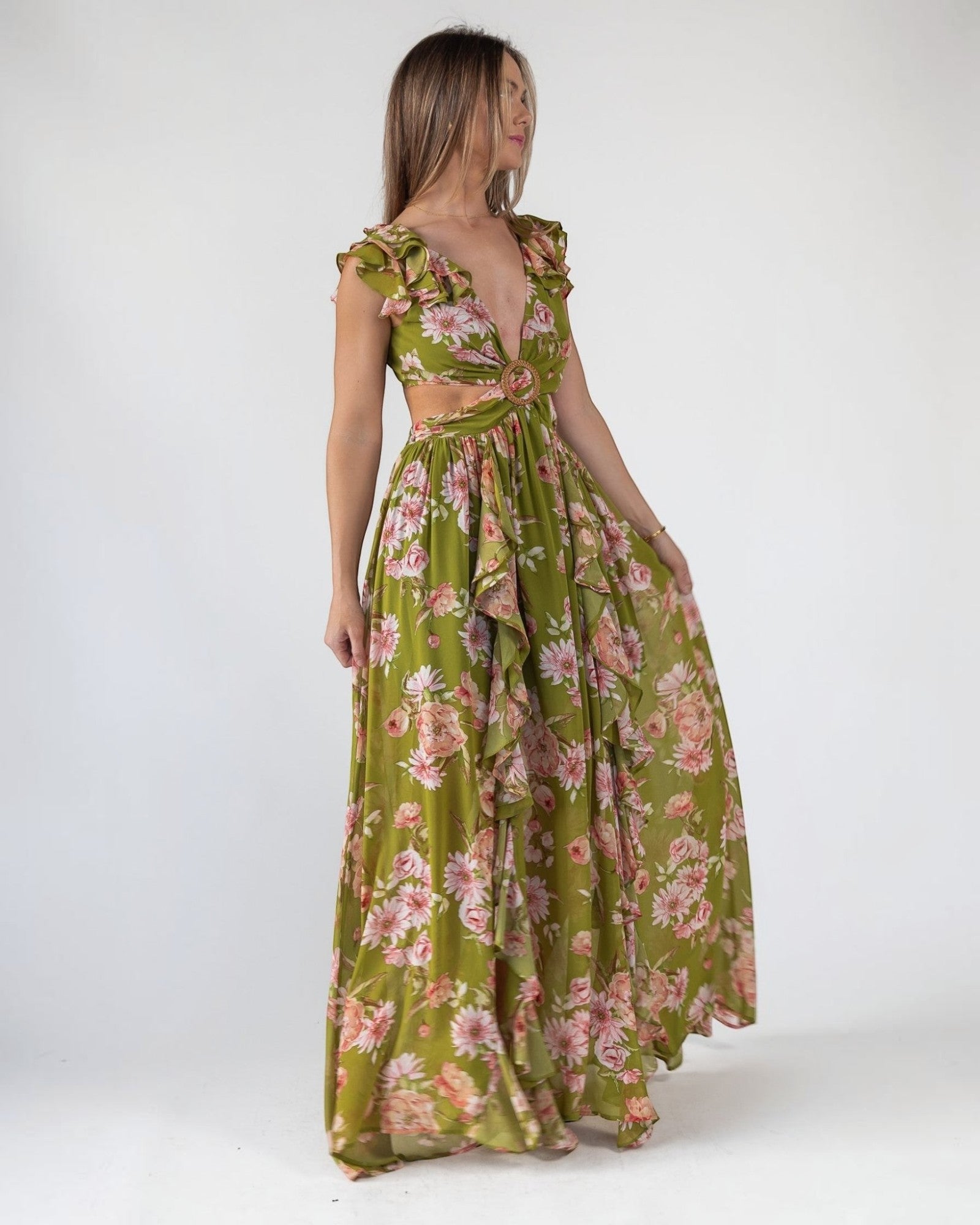 green patterned maxi dress Yours London Women's Plus Size Green Floral Pleated Maxi Dress Size 22-24