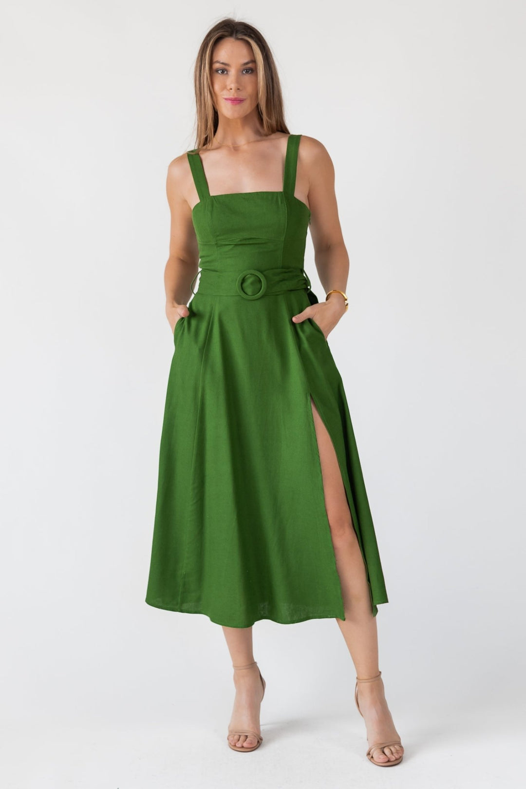 Green Linen Belted Midi Dress - Final Sale - JO+CO