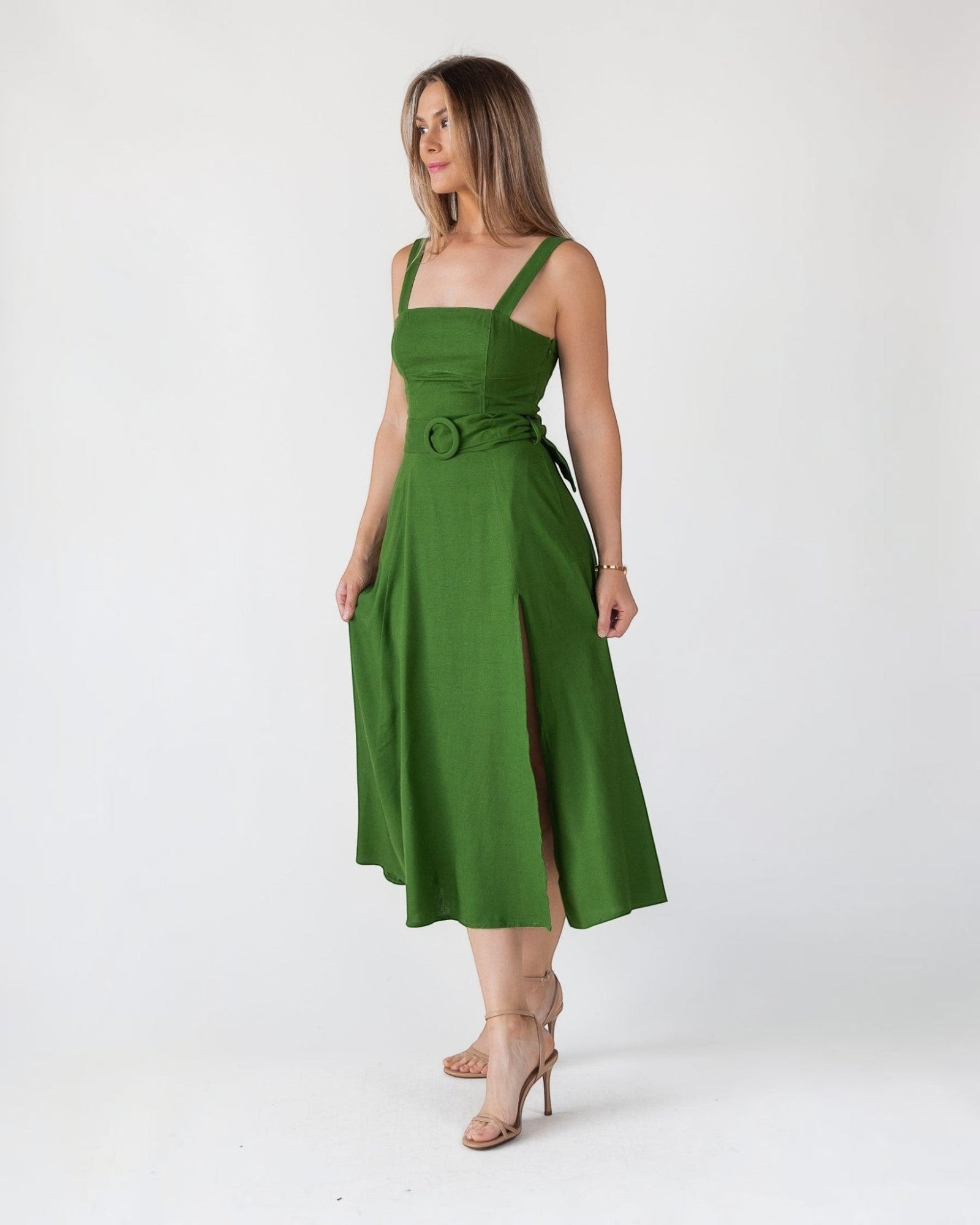 Green Linen Belted Midi Dress JO+CO Green Linen Belted Midi Dress JO+CO