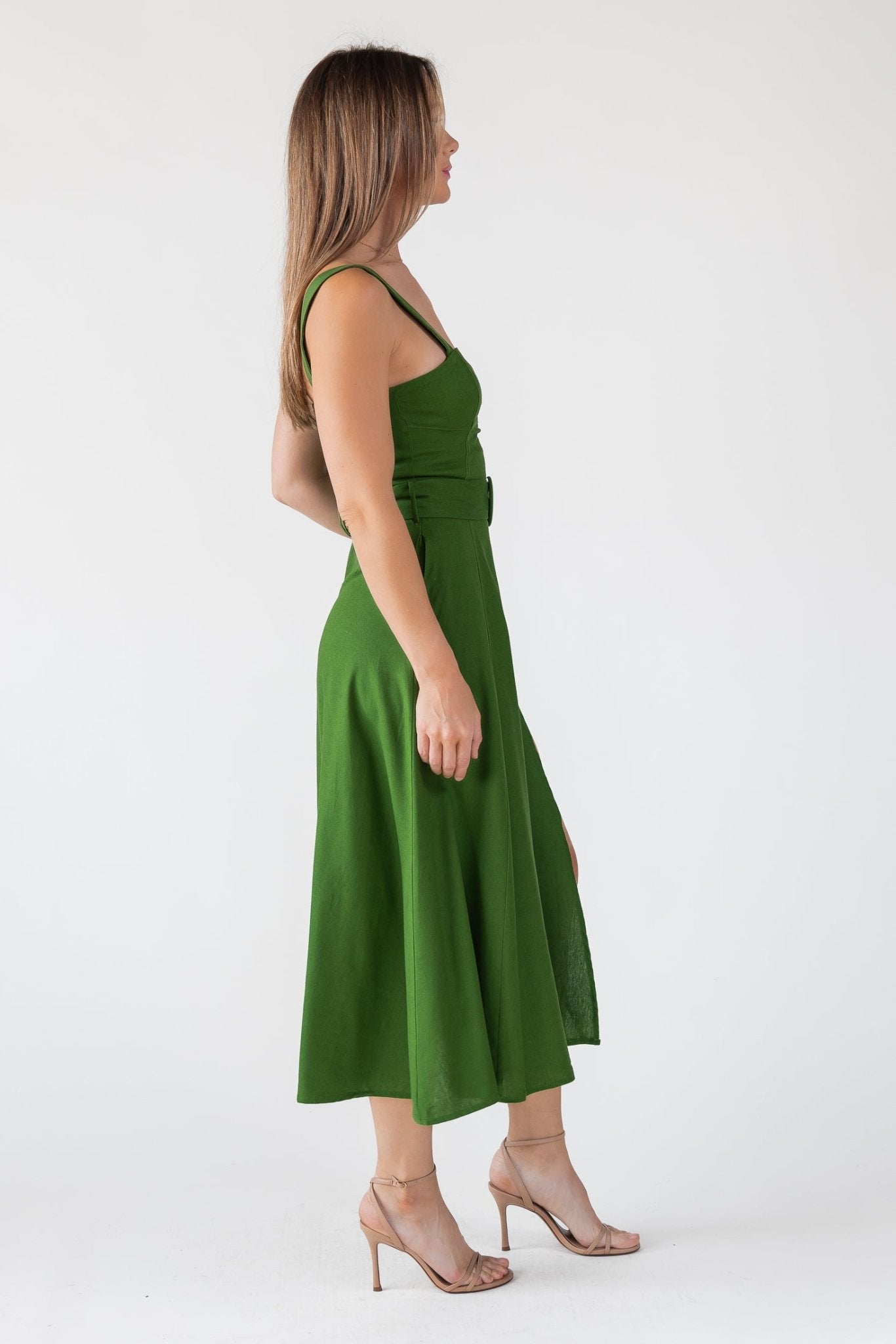 Green Linen Belted Midi Dress Green Linen Belted Midi Dress