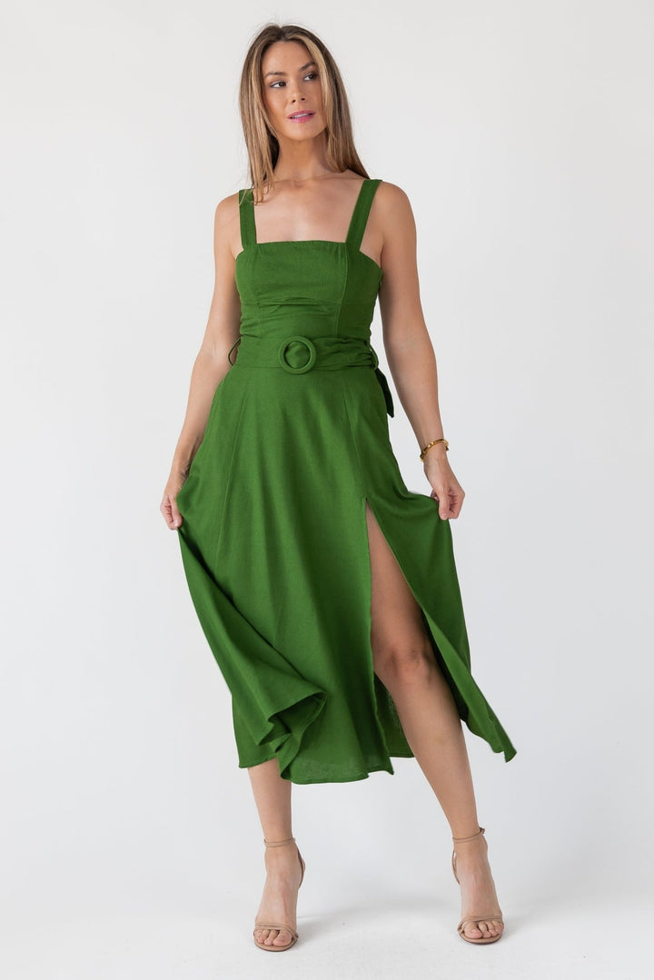 Green Linen Belted Midi Dress - Final Sale - JO+CO