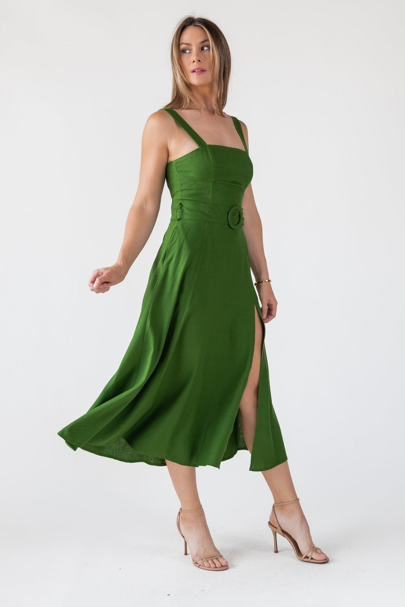Green Linen Belted Midi Dress Green Linen Belted Midi Dress