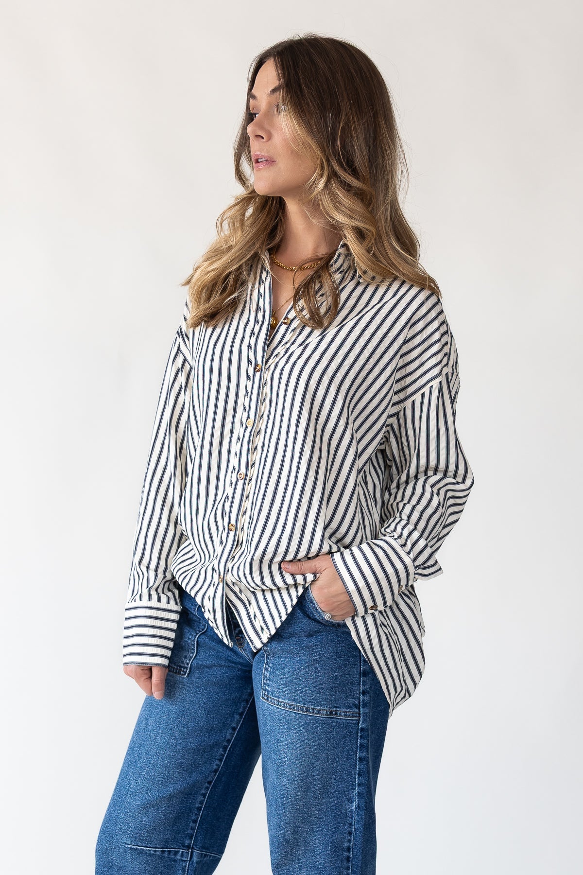 Harlow Navy Textured Stripe Top - JO+CO