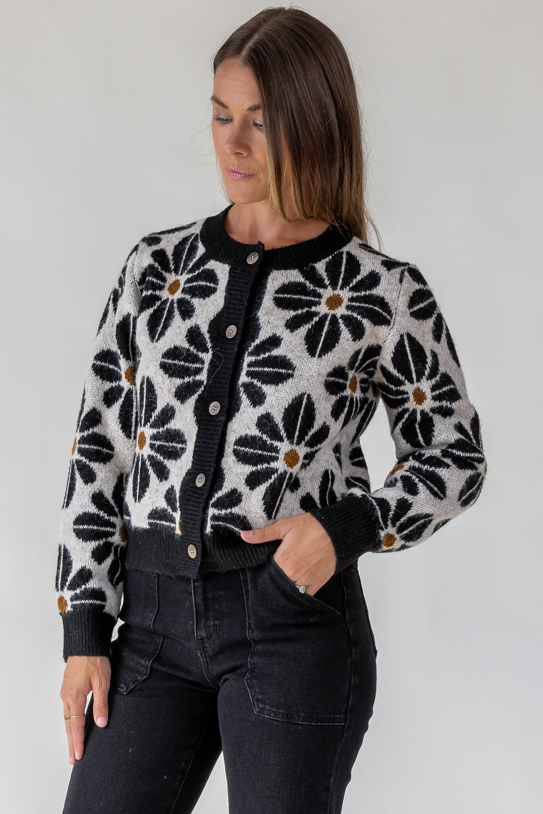 Hayes Black Floral Knit Cardigan - JO+CO