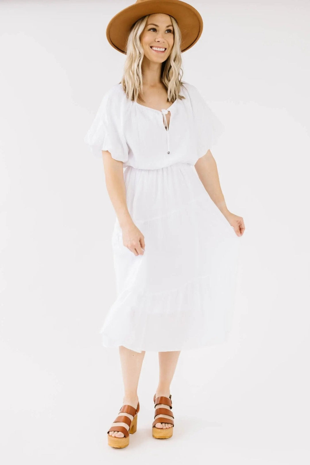 Hit The Resort Bubble Sleeve Midi Dress - WHITE - FINAL SALE - JO+CO