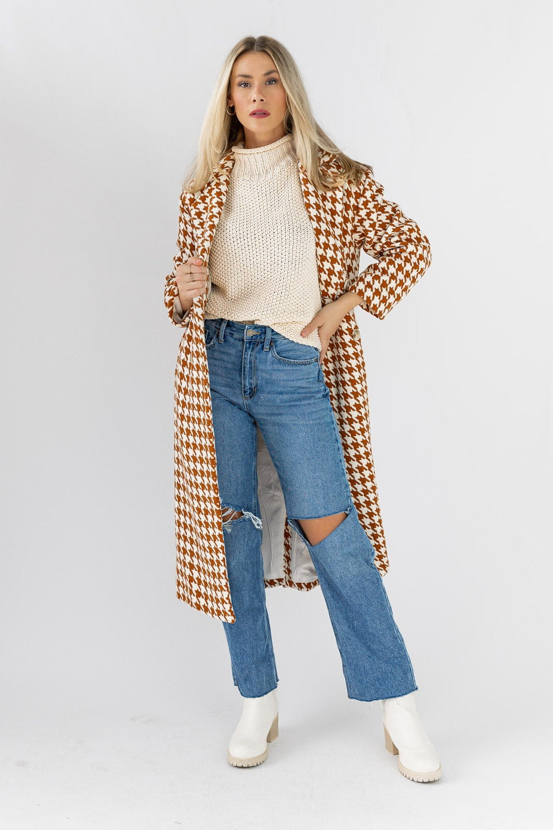 Houndstooth Hues Button Coat - Rust - JO+CO