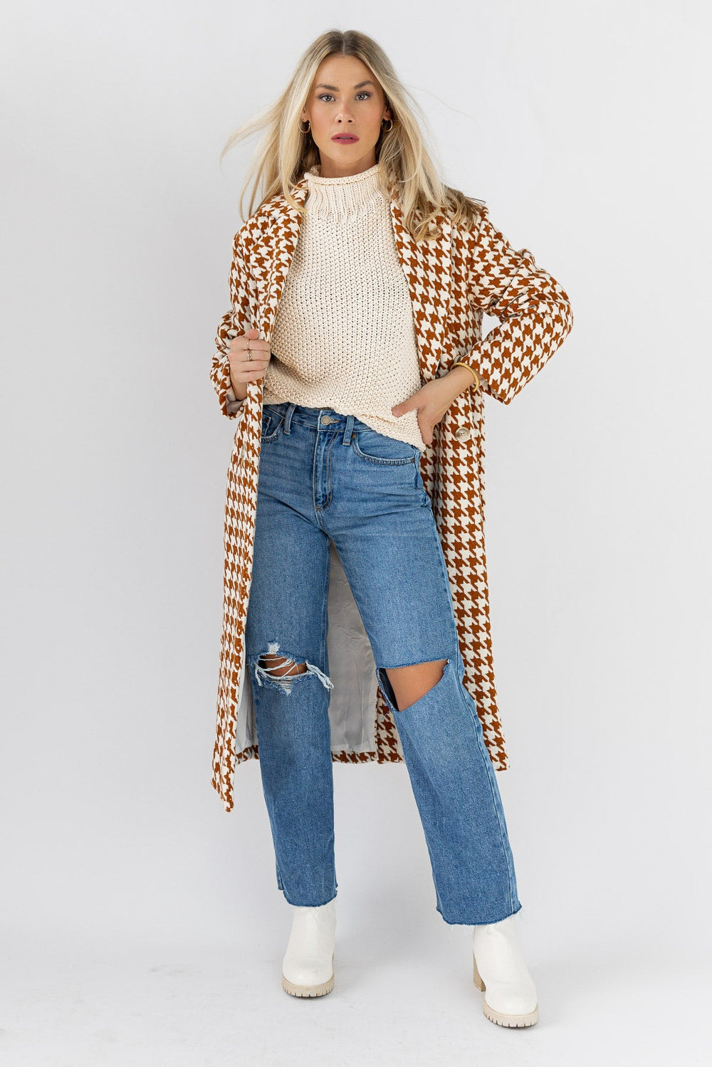 Houndstooth Hues Button Coat - Rust - JO+CO