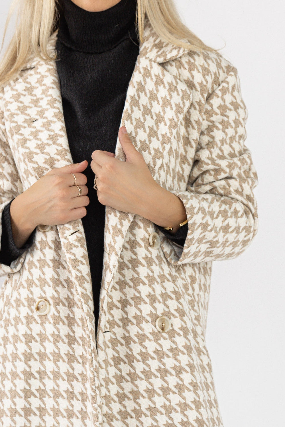 Houndstooth Hues Button Coat - Taupe - JO+CO