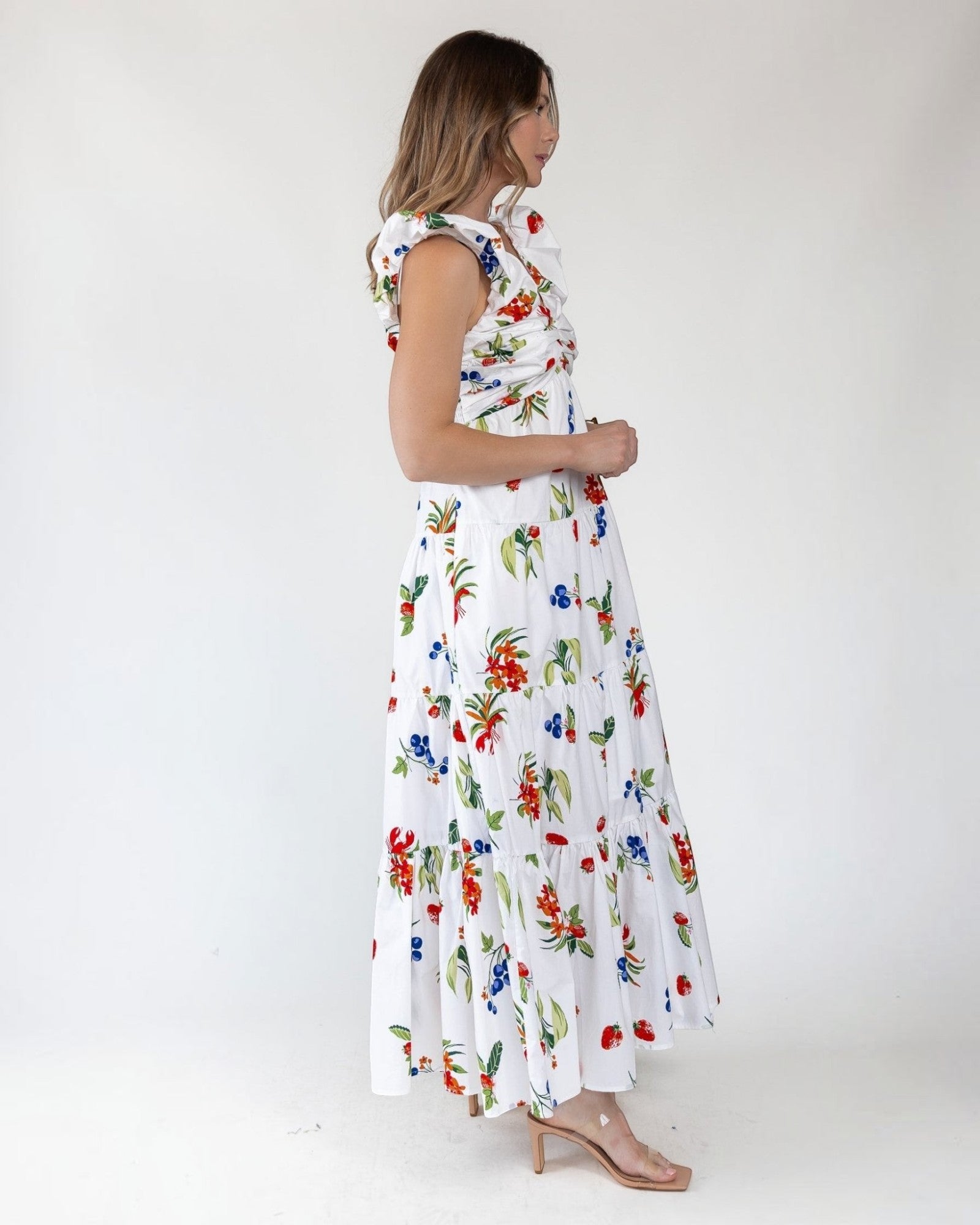 fruit print maxi dress Yvette Sleeveless Halter Open Back Fruit Print Maxi Dress Yellow Miss Match Group Inc