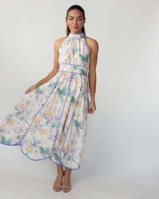 JO+CO Calista cream floral midi dress with halter neckline, smocked waist, and contrast blue binding. Lightweight cotton.