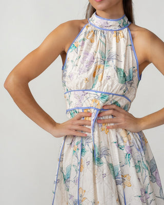 JO+CO Calista cream floral midi dress with halter neckline, smocked waist, and contrast binding. Lightweight cotton.