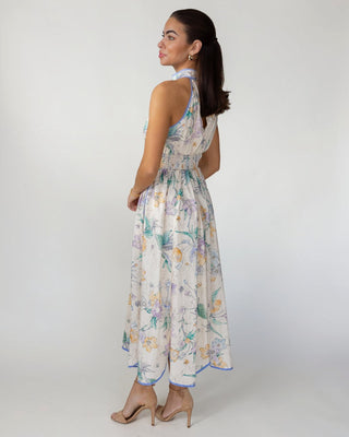 JO+CO Calista cream floral midi dress with halter neckline, smocked waist, and blue trim. Lightweight cotton.