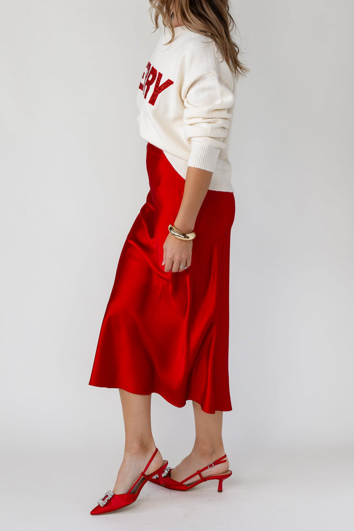 Livia Satin Midi Skirt - Red - JO+CO