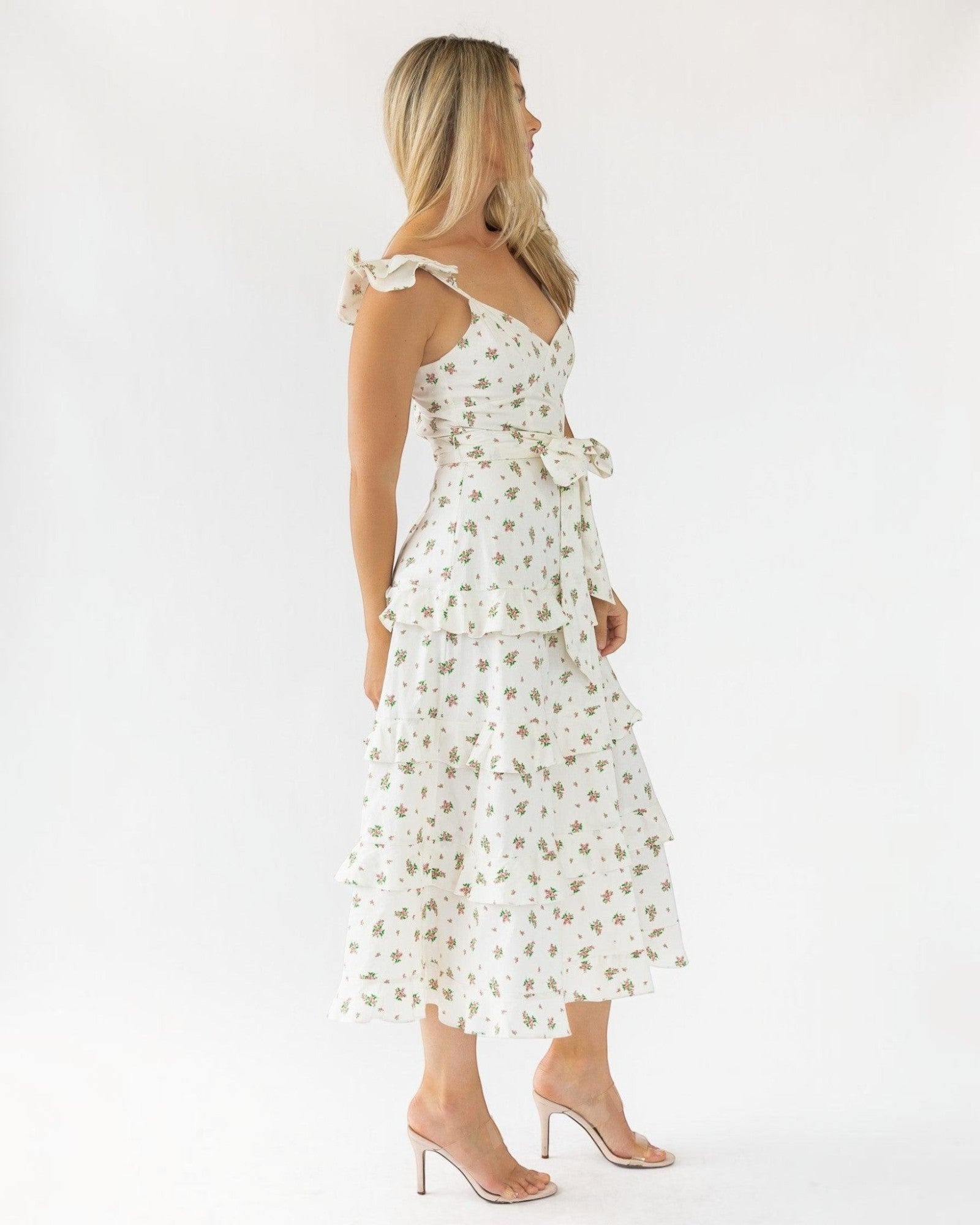 cream patterned dress Creamy Floral Lattice Dress | Embroidered Rust Trim & Ruffled Collar