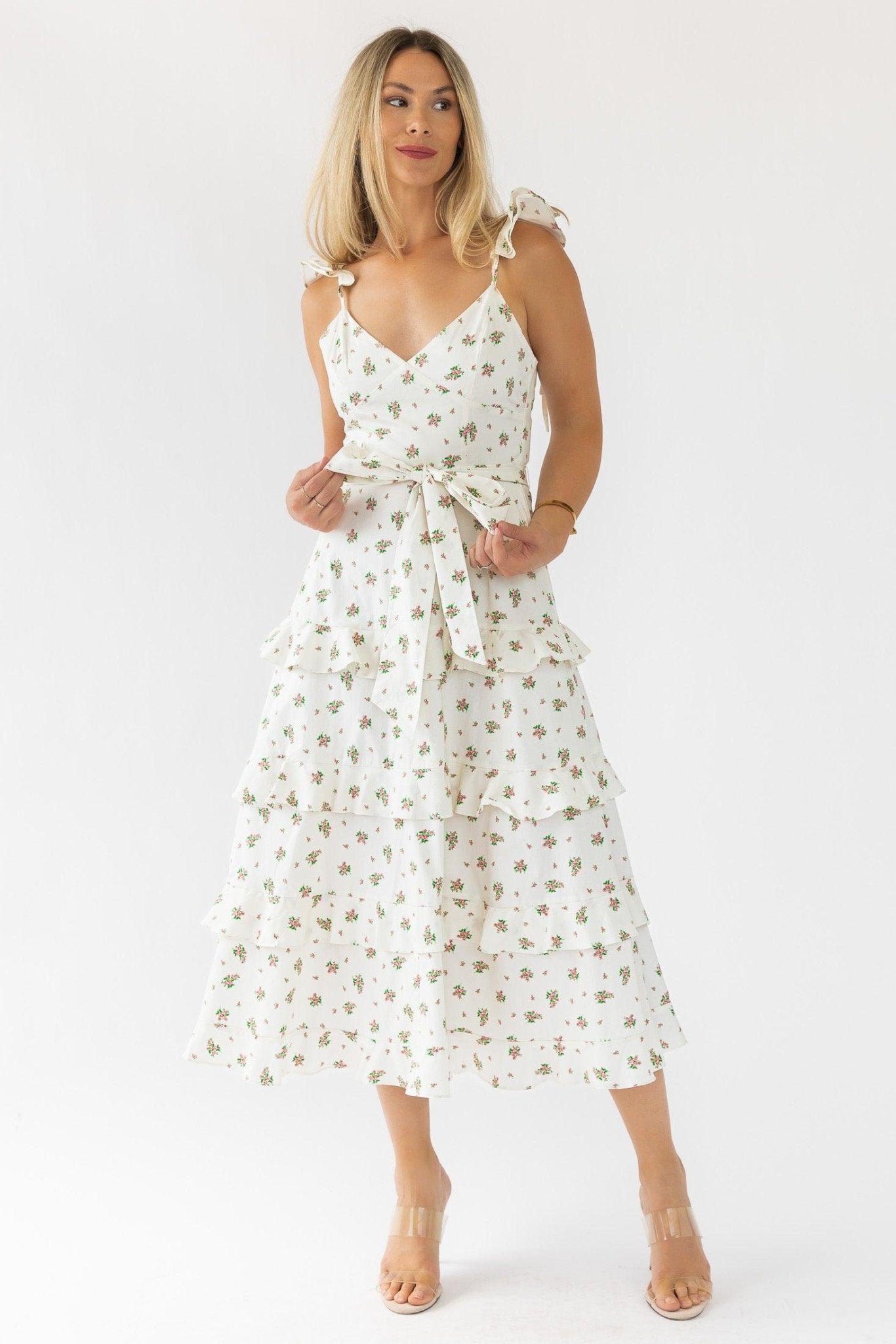 Luciana Cream Floral Midi Dress | Trendy Women's Clothing JO+CO Luciana Cream Floral Midi Dress | Trendy Women's Clothing JO+CO