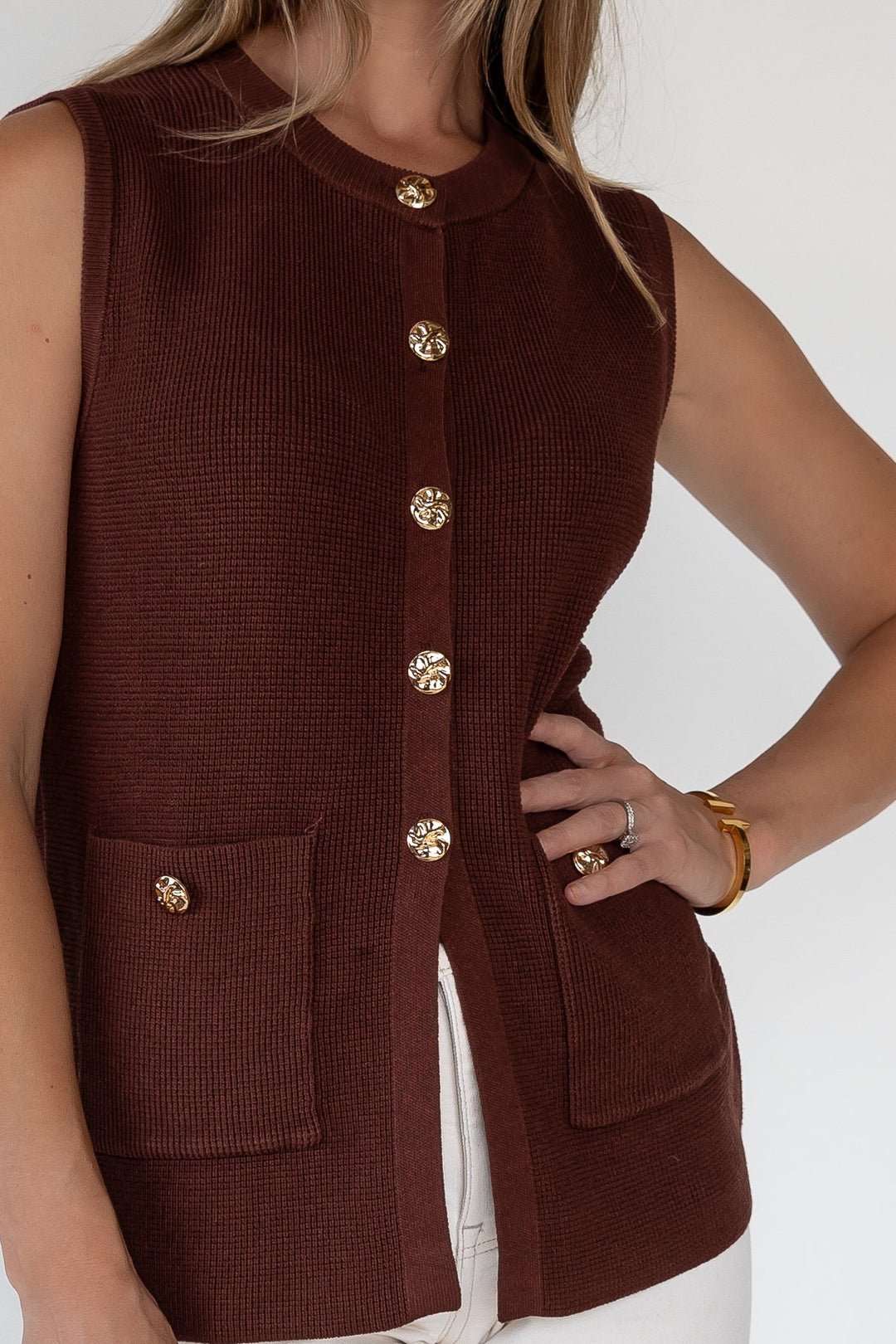 Margot Brown Knit Button Vest - Final Sale - JO+CO