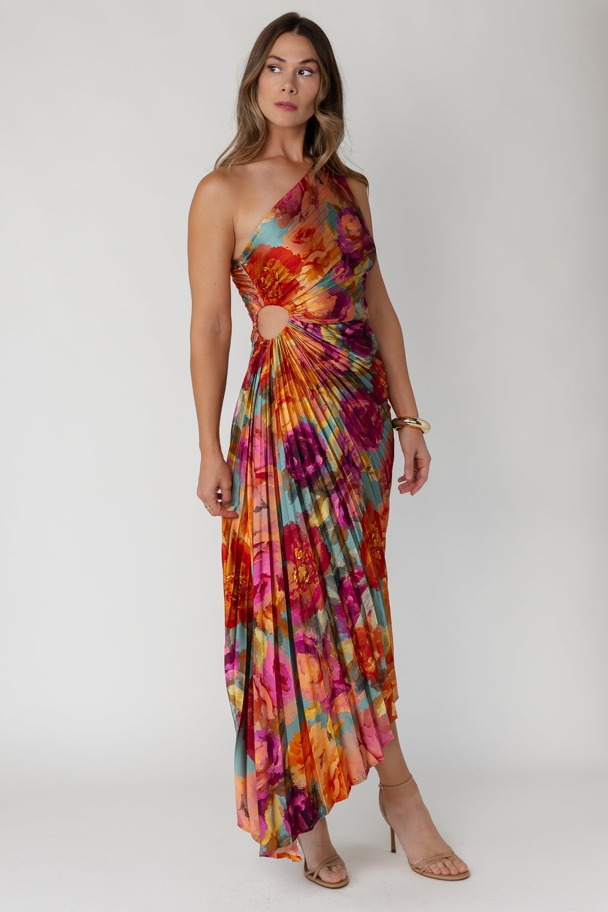 Monroe One-Shoulder Pleated Midi Dress Parisian Floral | JO+CO Monroe One-Shoulder Pleated Midi Dress Parisian Floral | JO+CO