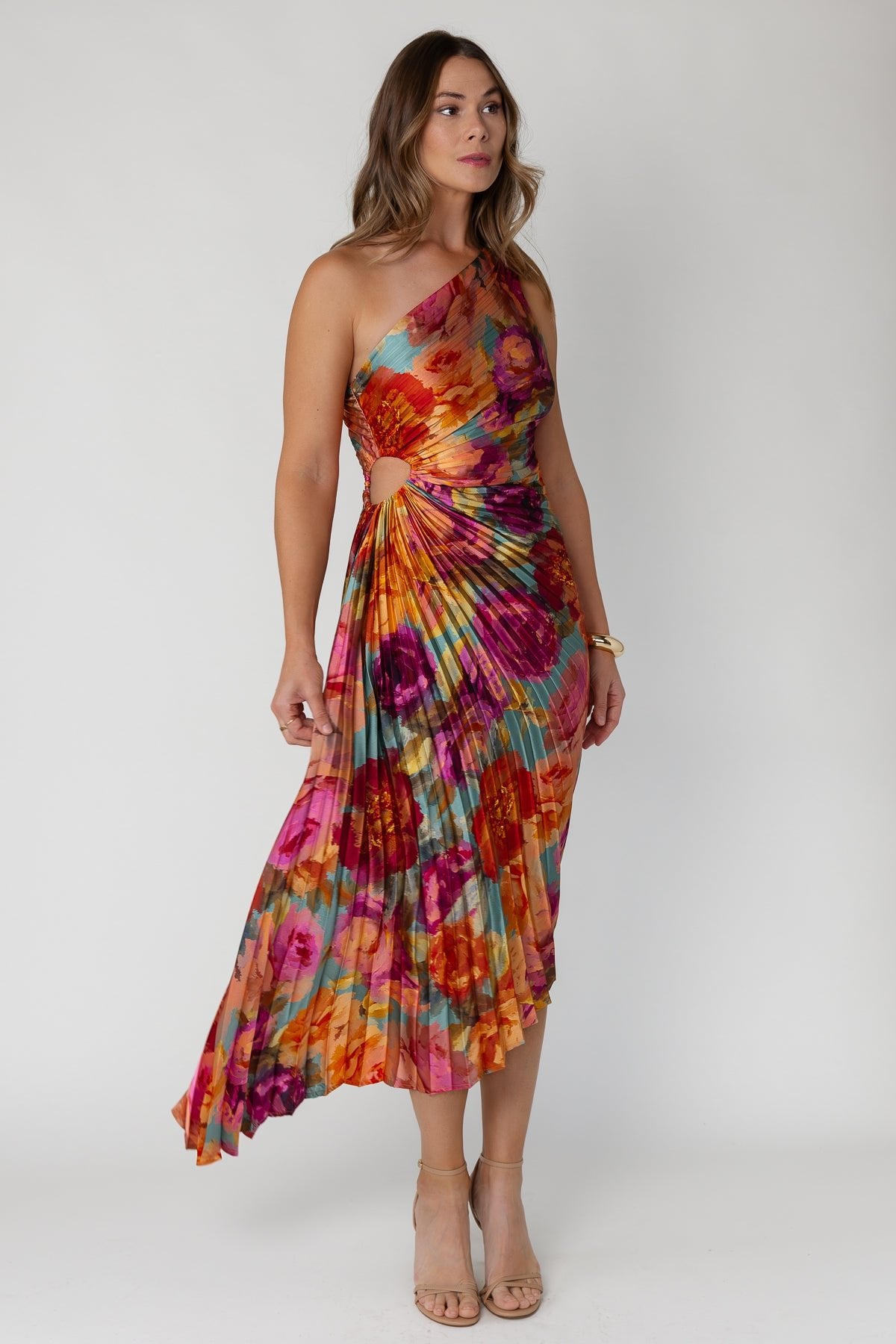 Monroe One-Shoulder Pleated Midi Dress Parisian Floral | JO+CO Monroe One-Shoulder Pleated Midi Dress Parisian Floral | JO+CO