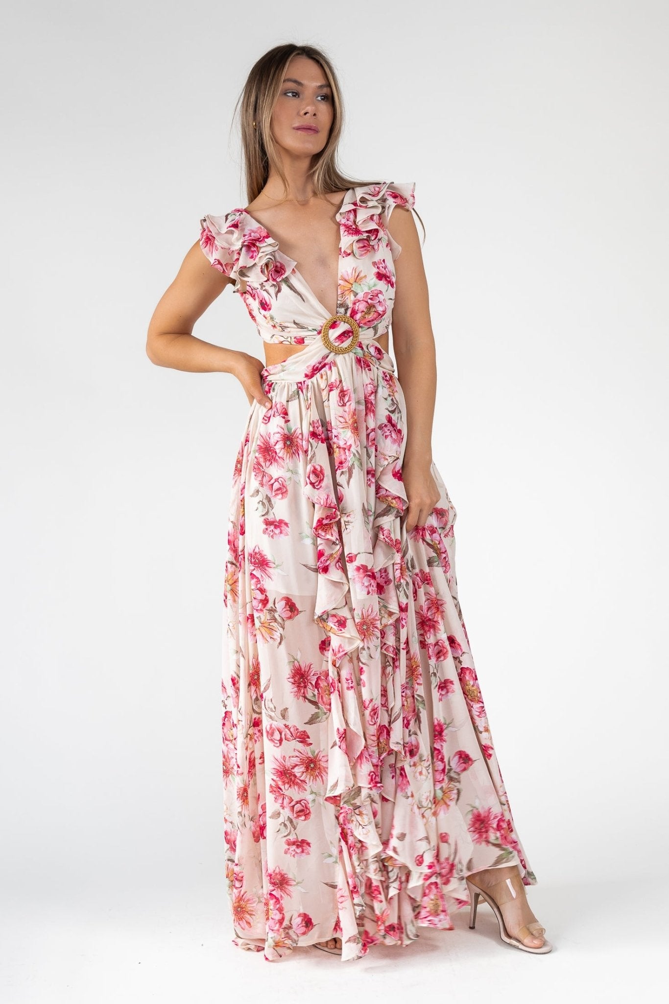Cutout Frilly Maxi Dress - Pink Floral Cutout Frilly Maxi Dress - Pink Floral