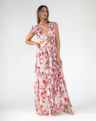 Pink Floral Cutout Frilly Maxi Dress - Final Sale - JO+CO