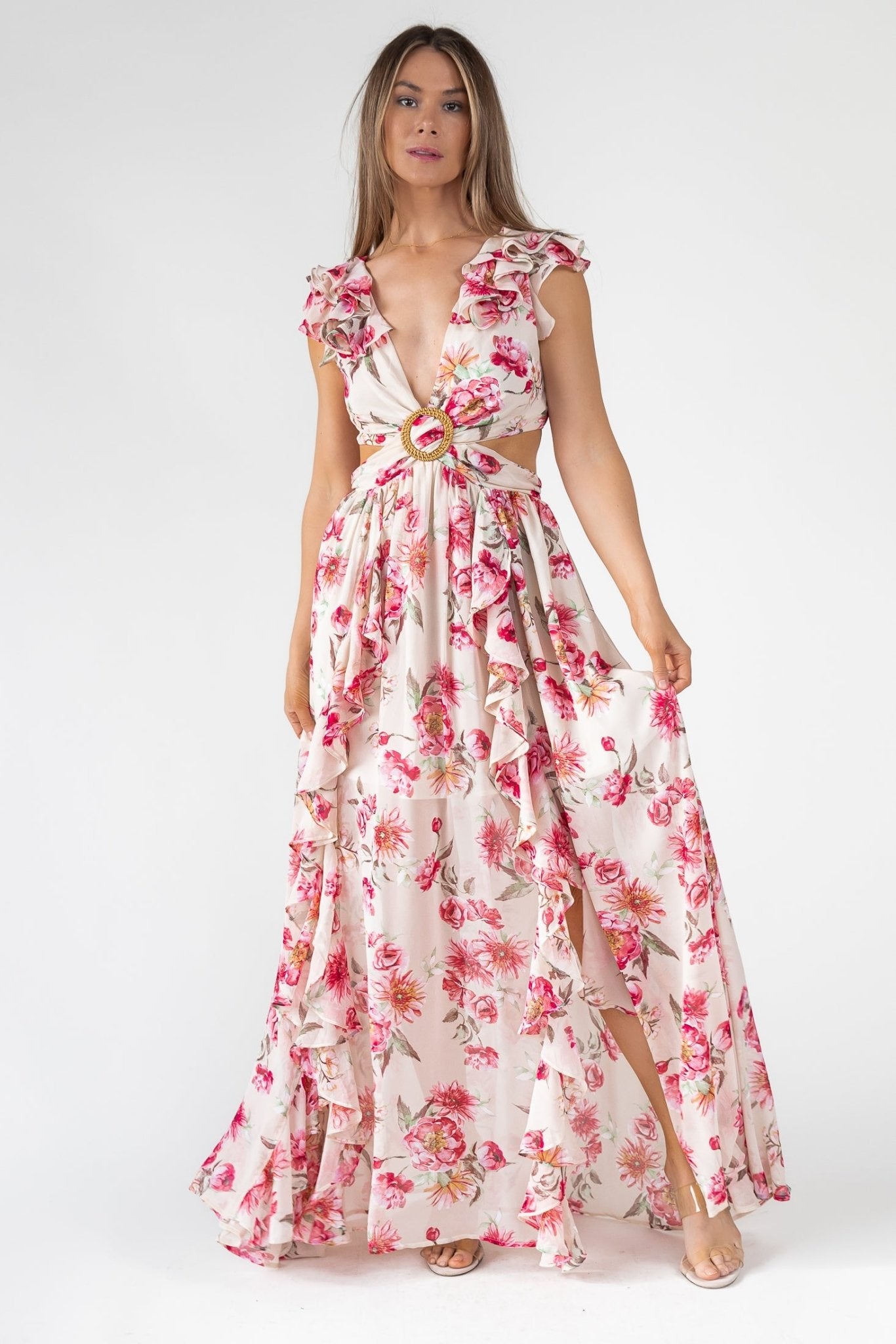 Cutout Frilly Maxi Dress - Pink Floral JO+CO Cutout Frilly Maxi Dress - Pink Floral JO+CO