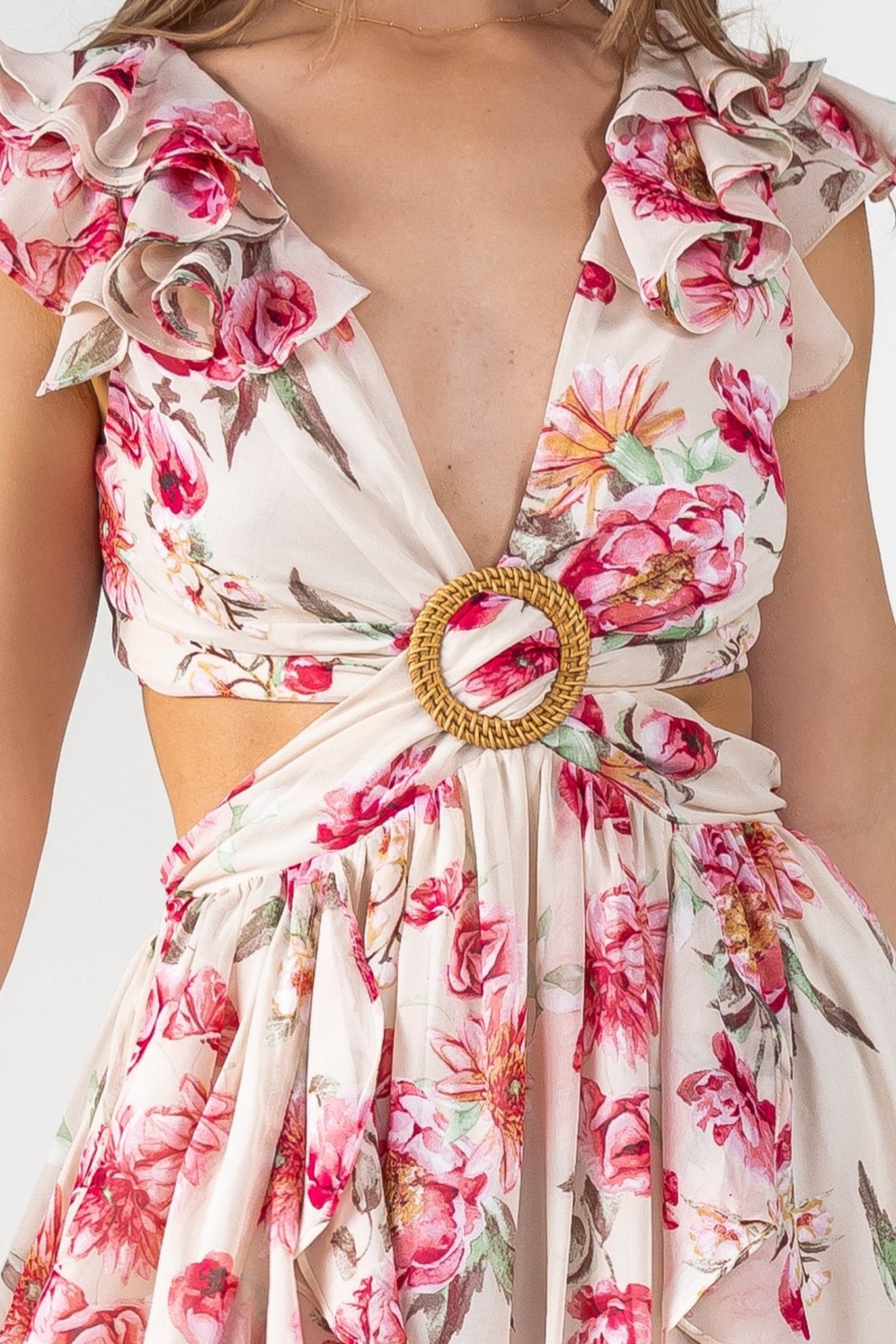 Cutout Frilly Maxi Dress - Pink Floral JO+CO Cutout Frilly Maxi Dress - Pink Floral JO+CO