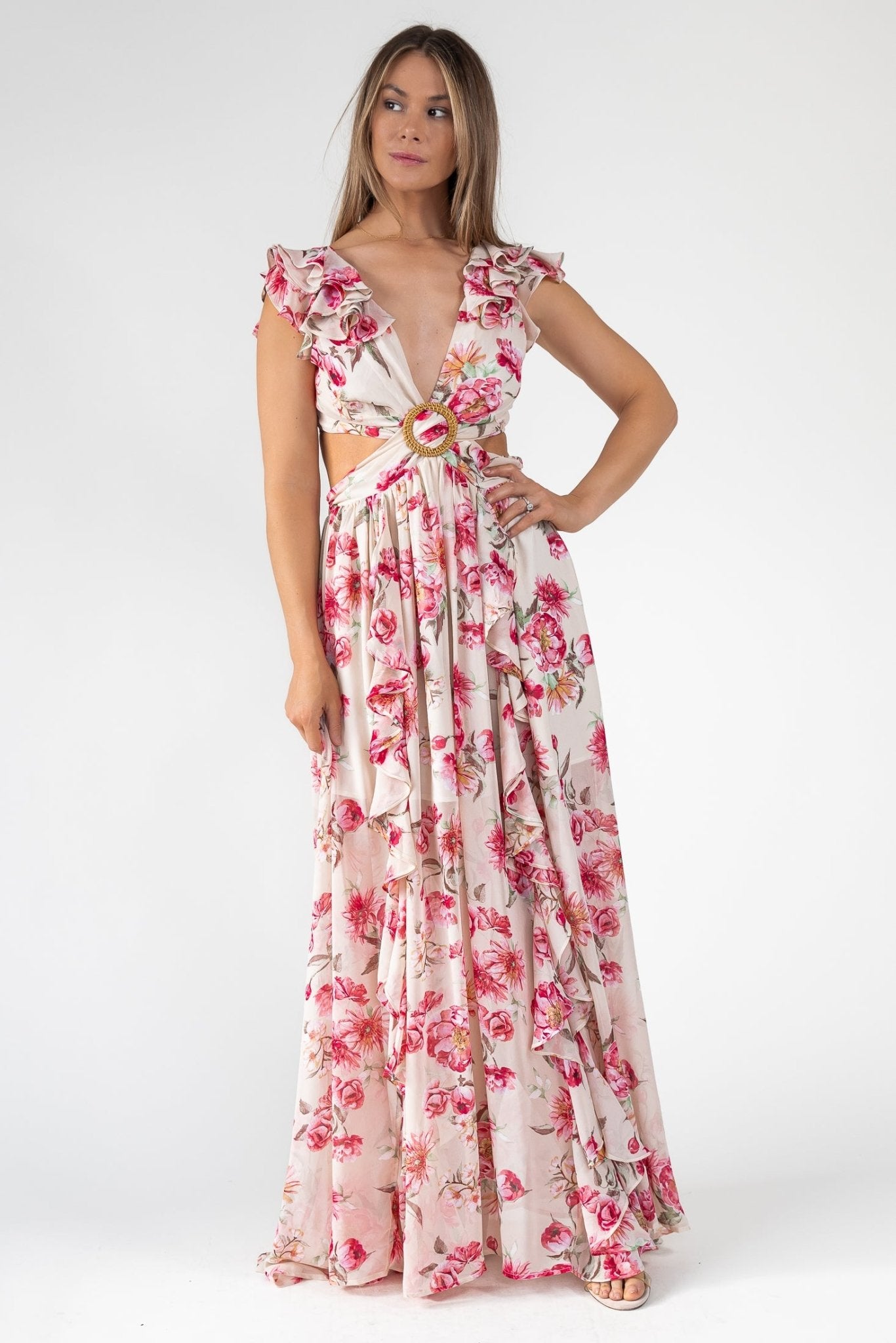 Cutout Frilly Maxi Dress - Pink Floral JO+CO Cutout Frilly Maxi Dress - Pink Floral JO+CO