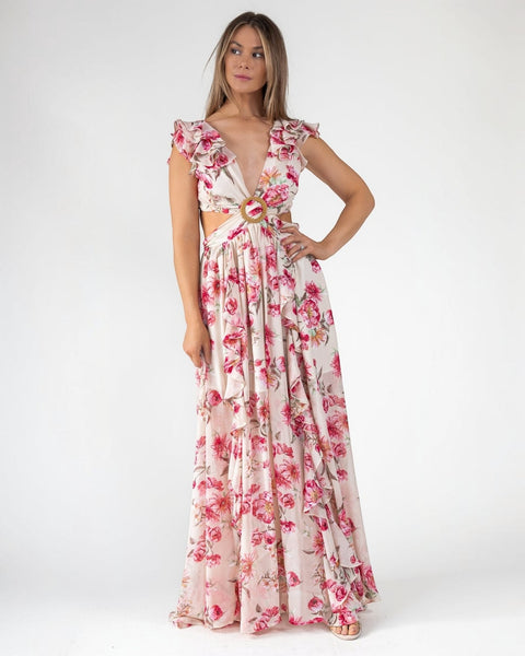 pink cutout dress Cutout Frilly Maxi Dress