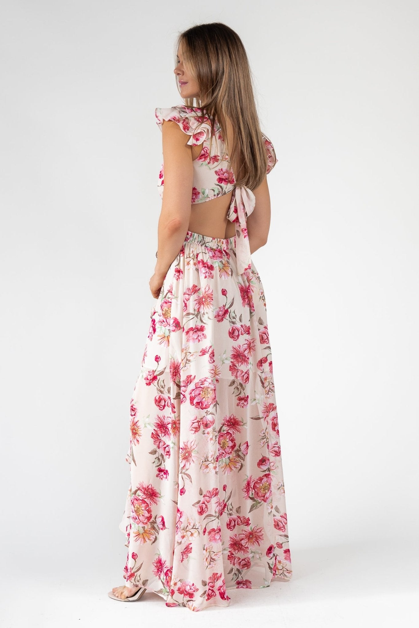Cutout Frilly Maxi Dress - Pink Floral JO+CO Cutout Frilly Maxi Dress - Pink Floral JO+CO