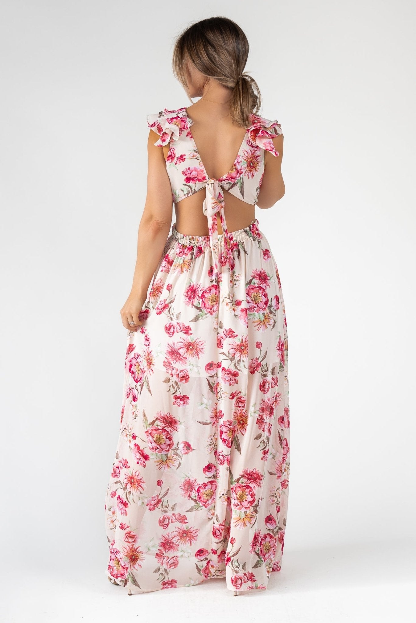 Cutout Frilly Maxi Dress - Pink Floral JO+CO Cutout Frilly Maxi Dress - Pink Floral JO+CO