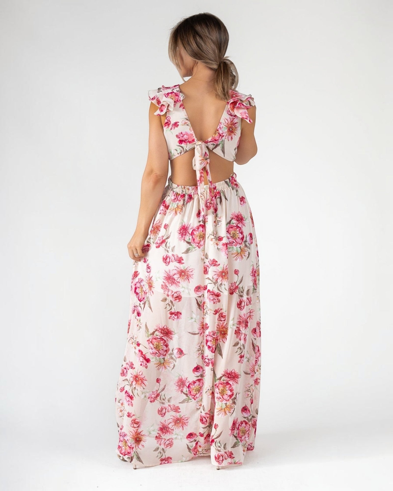 pink print maxi dress FATE Floral Print Pleated Mesh Maxi Dress in Blush Pink S