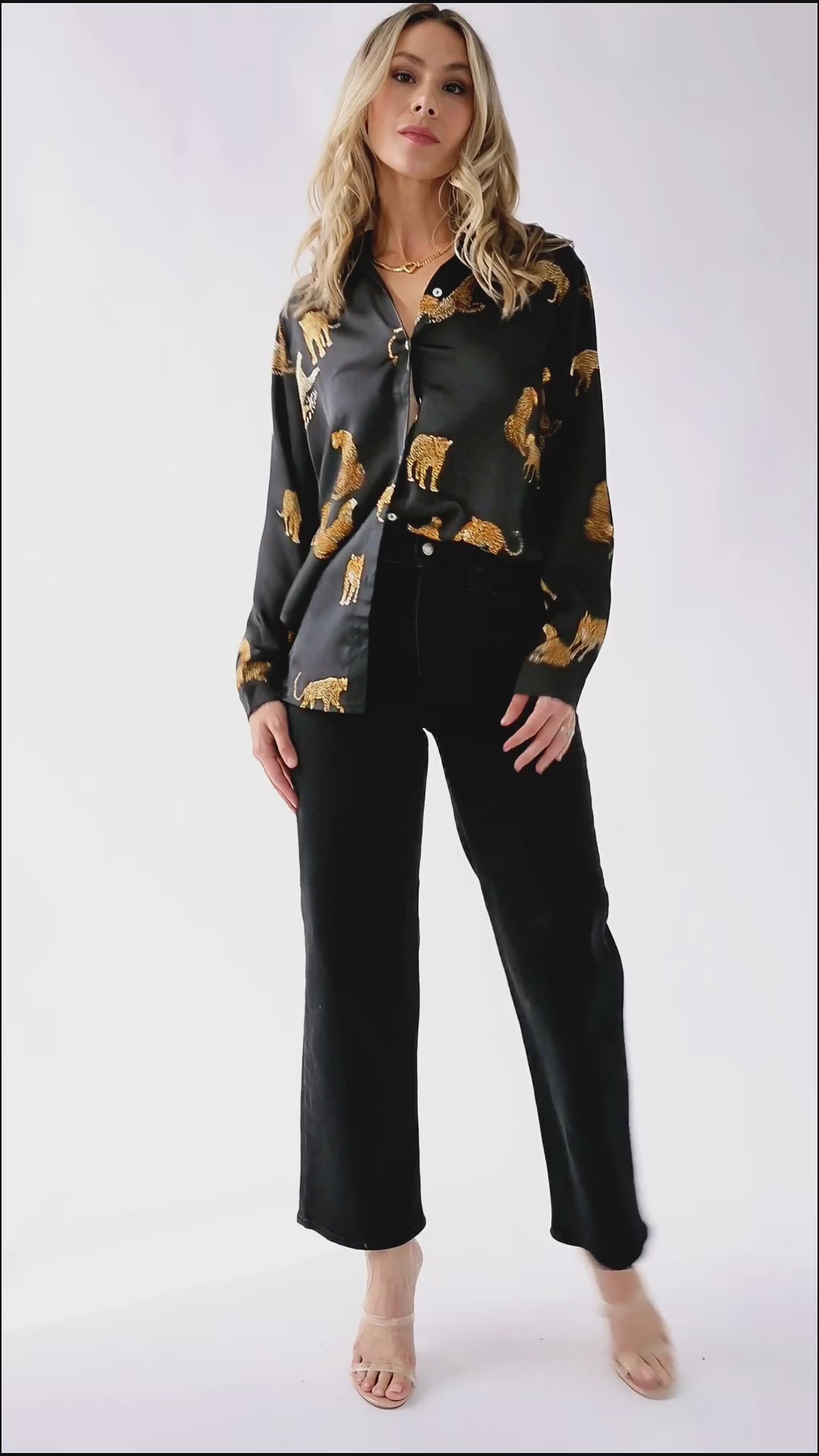 Feline Flair Button Up Top - Black