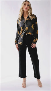 Feline Flair Button Up Top - Black