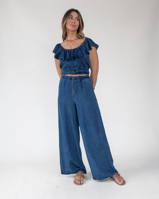 Riviera Ruffle Chambray Crop Top - Final Sale - JO+CO