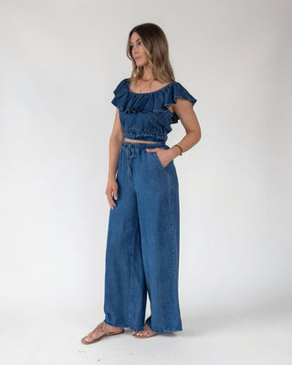 Riviera Ruffle Chambray Crop Top - Final Sale - JO+CO
