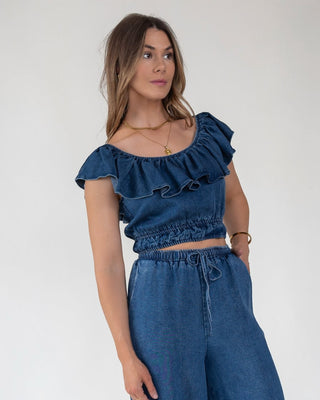 Riviera Ruffle Chambray Crop Top - Final Sale - JO+CO