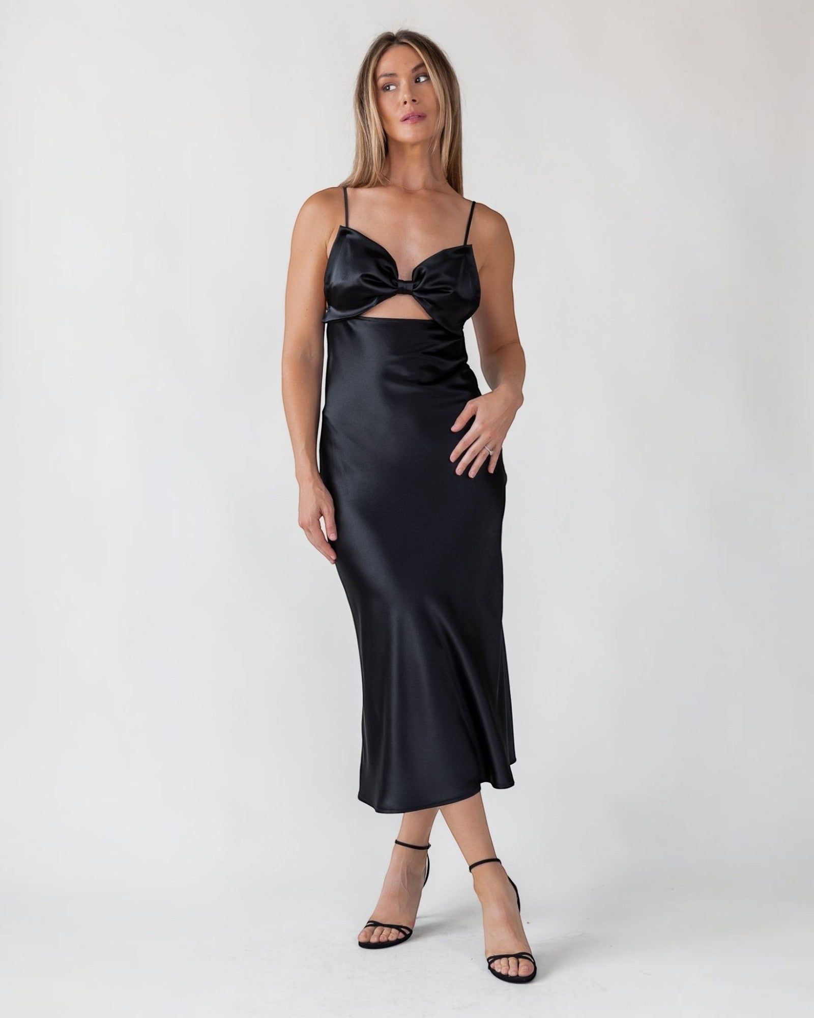 Romie Black Bow Cutout Midi Dress L