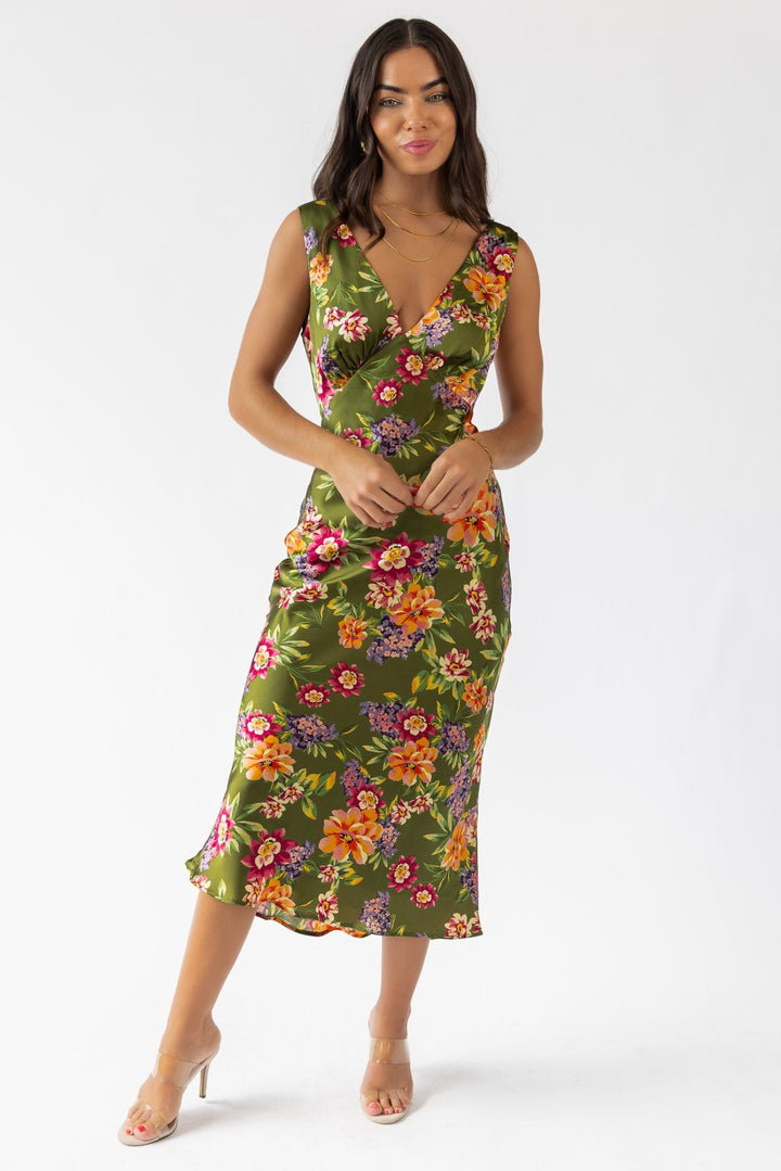 Sage Floral V - Neck Midi Dress - Final Sale - JO+CO