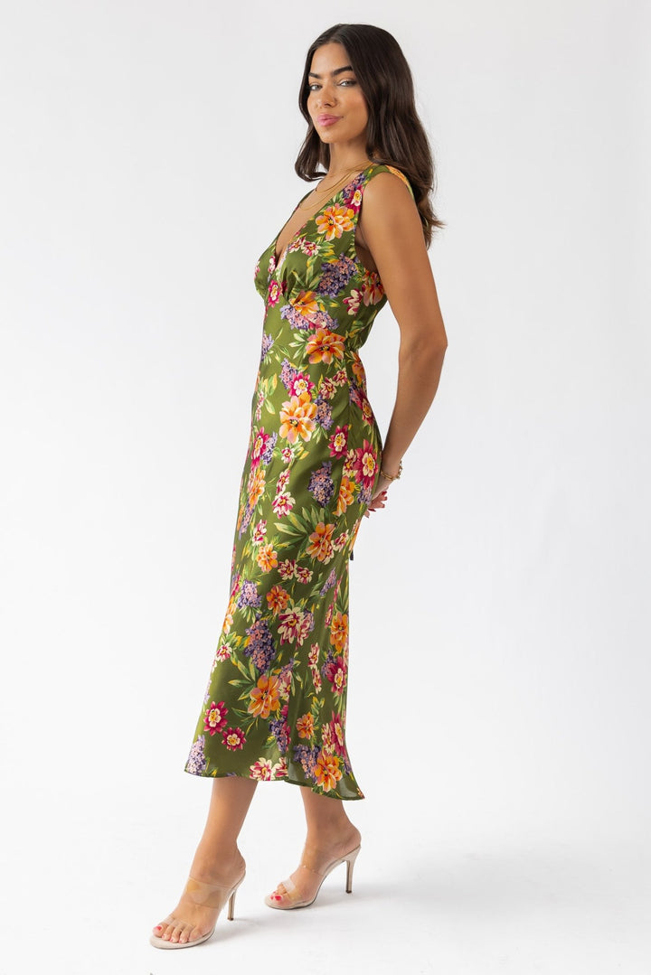 Sage Floral V - Neck Midi Dress - Final Sale - JO+CO