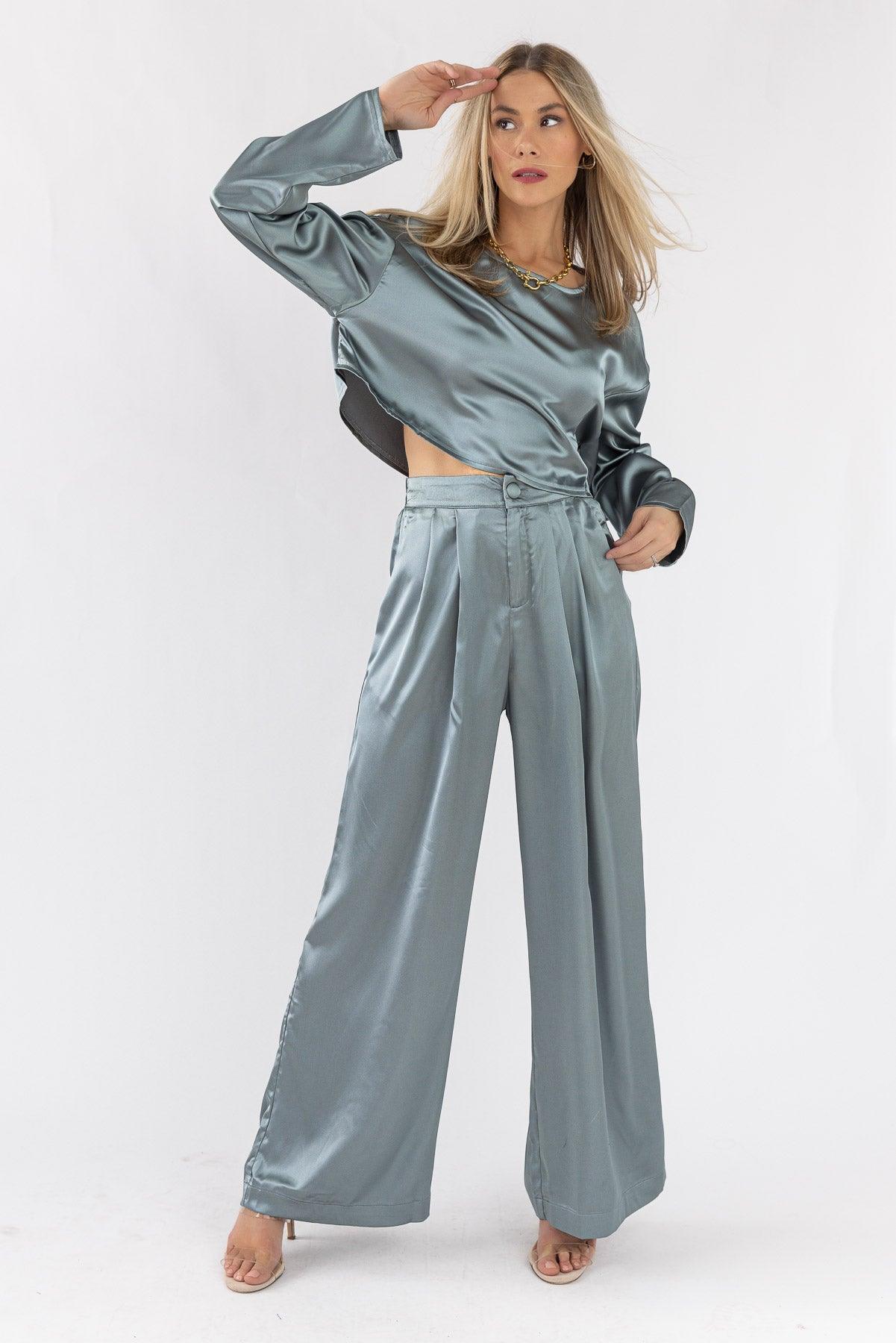 Forever 21 Women's Satin Wide-Leg Split-Hem Pants Blue | CoolSprings  Galleria