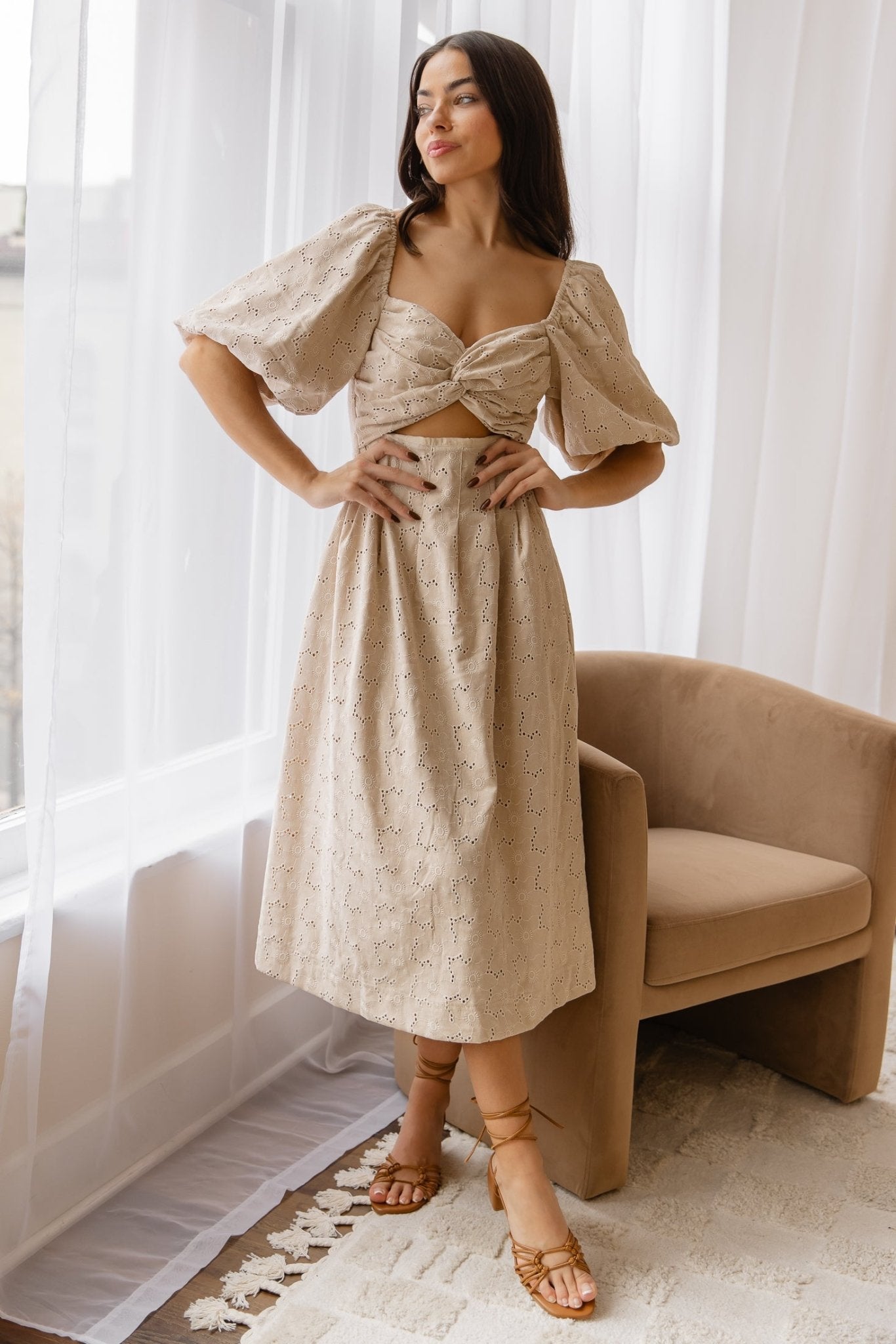 Skye Natural Knotted Embroidered Dress - Final Sale - JO+CO
