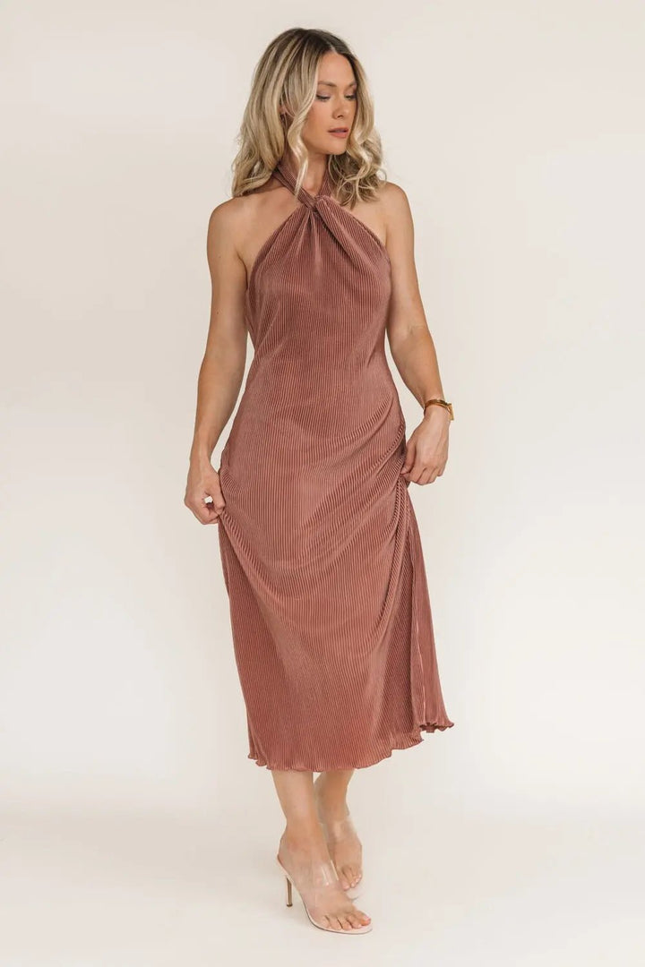 Sunset Secret Bronze Halter Midi Dress - JO+CO