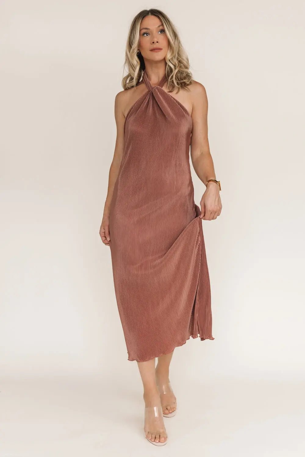 Sunset Secret Bronze Halter Midi Dress - JO+CO