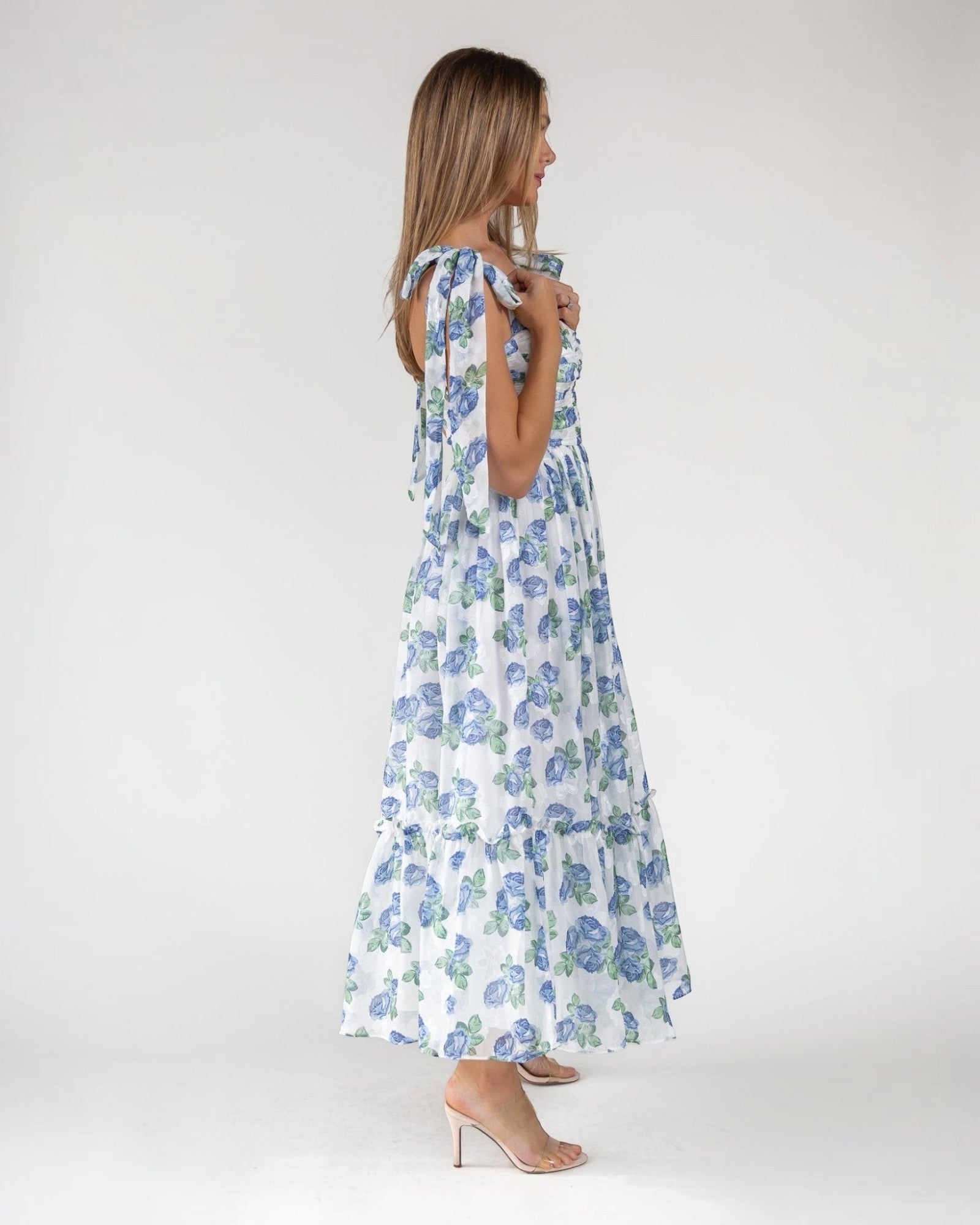 blue flowery dresses Blue Floral Midi Summer Dress with Short Puff Sleeves Blue Floral / Small