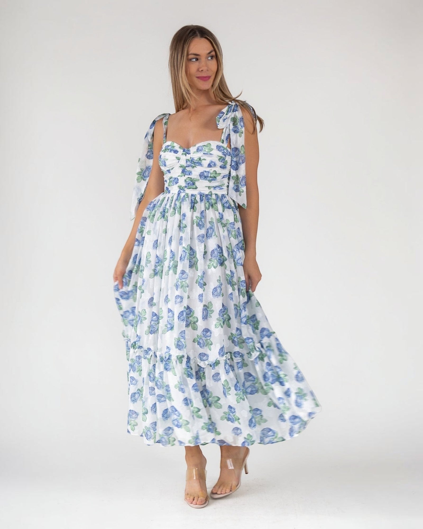 blue fall floral dress Sweetheart Neckline Blue Floral Midi Dress - All Dresses