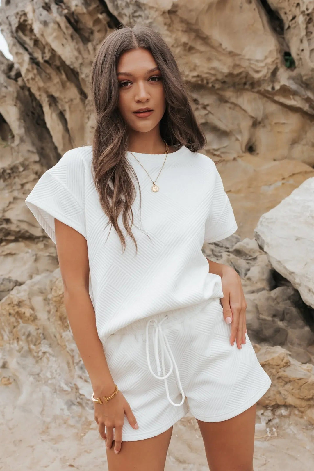 Weekend Vibe White Textured Shorts - JO+CO