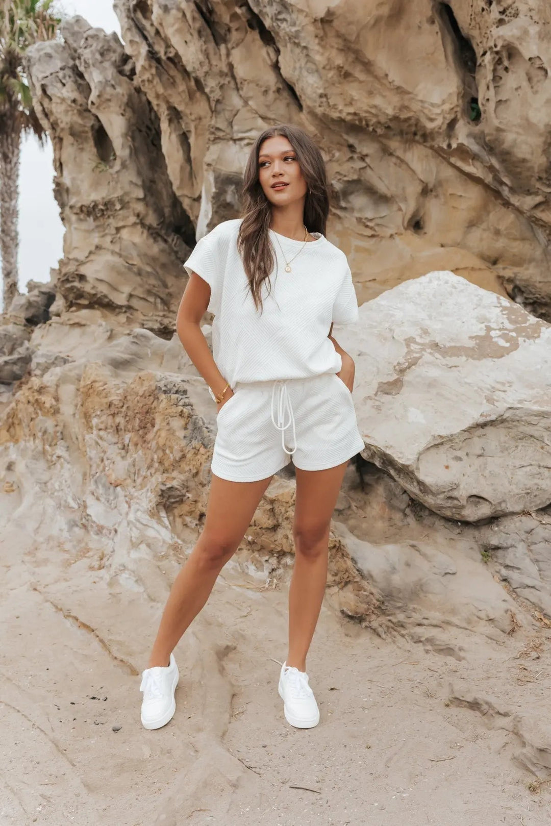Weekend Vibe White Textured Shorts - JO+CO